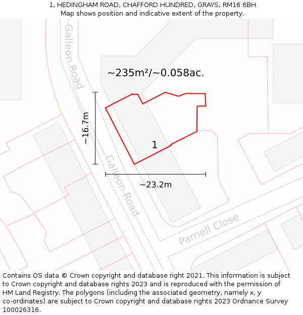 1, HEDINGHAM ROAD, CHAFFORD HUNDRED, GRAYS, RM16 6BH: Plot and title map