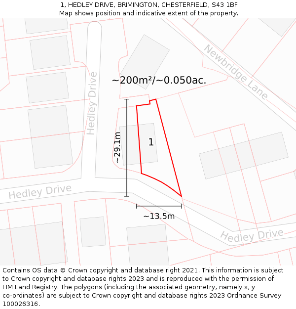 1, HEDLEY DRIVE, BRIMINGTON, CHESTERFIELD, S43 1BF: Plot and title map