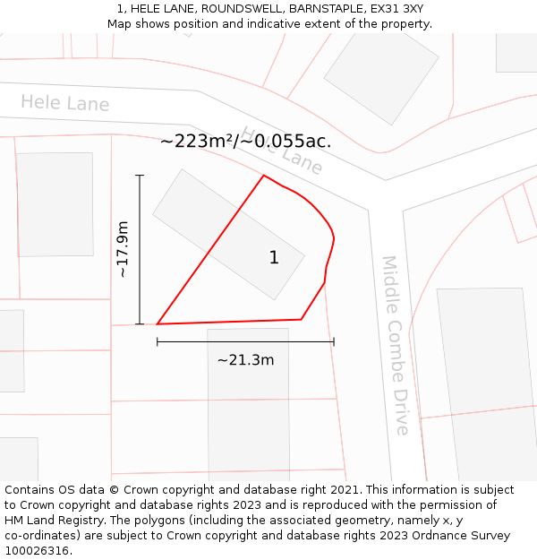 1, HELE LANE, ROUNDSWELL, BARNSTAPLE, EX31 3XY: Plot and title map