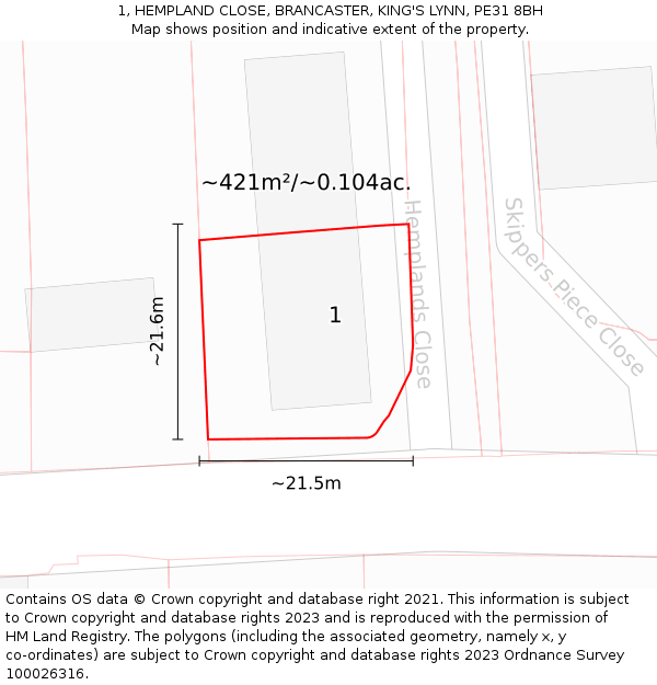 1, HEMPLAND CLOSE, BRANCASTER, KING'S LYNN, PE31 8BH: Plot and title map