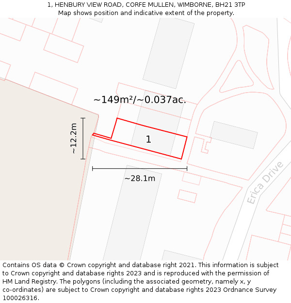 1, HENBURY VIEW ROAD, CORFE MULLEN, WIMBORNE, BH21 3TP: Plot and title map