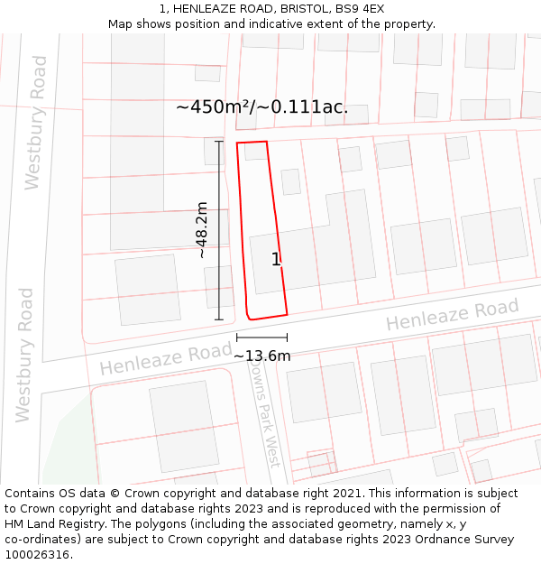 1, HENLEAZE ROAD, BRISTOL, BS9 4EX: Plot and title map