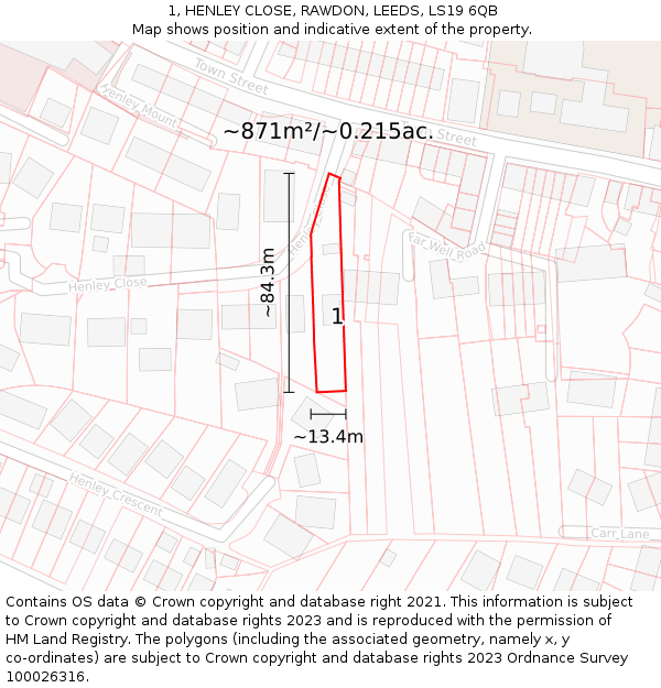 1, HENLEY CLOSE, RAWDON, LEEDS, LS19 6QB: Plot and title map