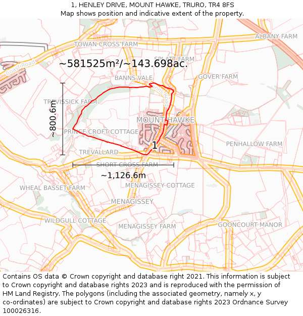 1, HENLEY DRIVE, MOUNT HAWKE, TRURO, TR4 8FS: Plot and title map