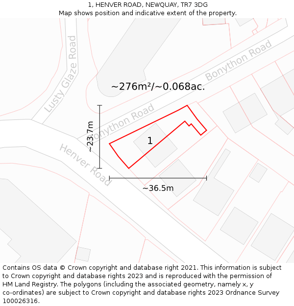 1, HENVER ROAD, NEWQUAY, TR7 3DG: Plot and title map