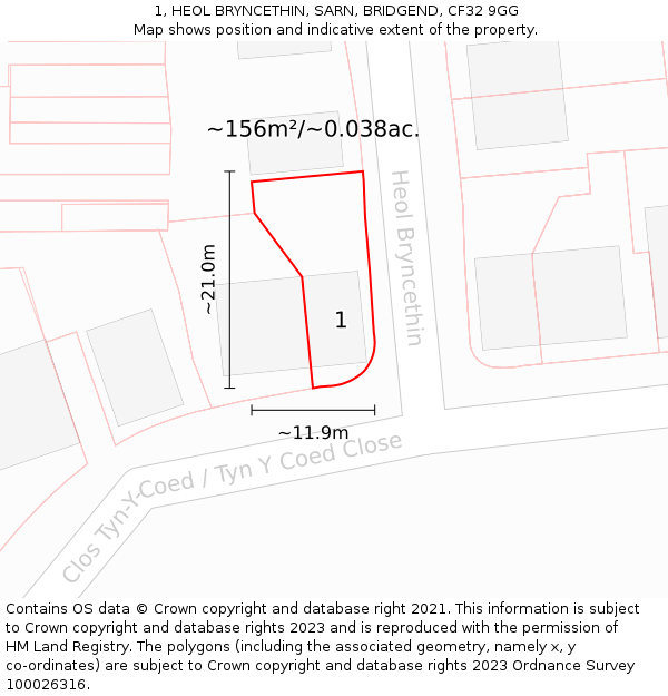 1, HEOL BRYNCETHIN, SARN, BRIDGEND, CF32 9GG: Plot and title map