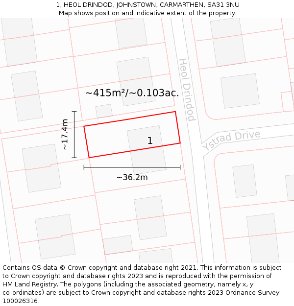1, HEOL DRINDOD, JOHNSTOWN, CARMARTHEN, SA31 3NU: Plot and title map