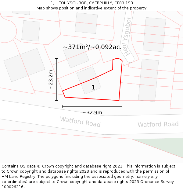 1, HEOL YSGUBOR, CAERPHILLY, CF83 1SR: Plot and title map