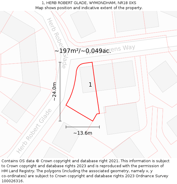 1, HERB ROBERT GLADE, WYMONDHAM, NR18 0XS: Plot and title map