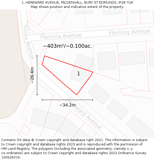 1, HEREWARD AVENUE, MILDENHALL, BURY ST EDMUNDS, IP28 7LW: Plot and title map