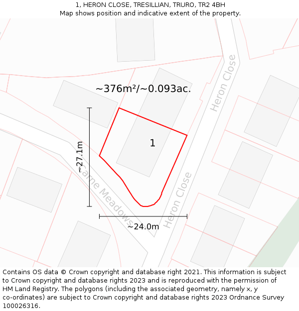 1, HERON CLOSE, TRESILLIAN, TRURO, TR2 4BH: Plot and title map