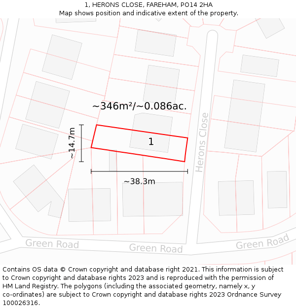 1, HERONS CLOSE, FAREHAM, PO14 2HA: Plot and title map