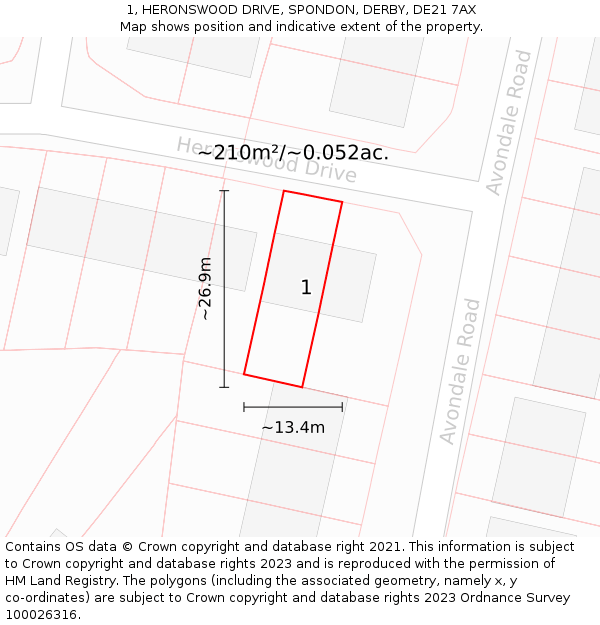 1, HERONSWOOD DRIVE, SPONDON, DERBY, DE21 7AX: Plot and title map