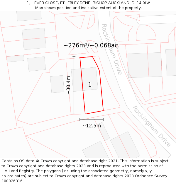 1, HEVER CLOSE, ETHERLEY DENE, BISHOP AUCKLAND, DL14 0LW: Plot and title map