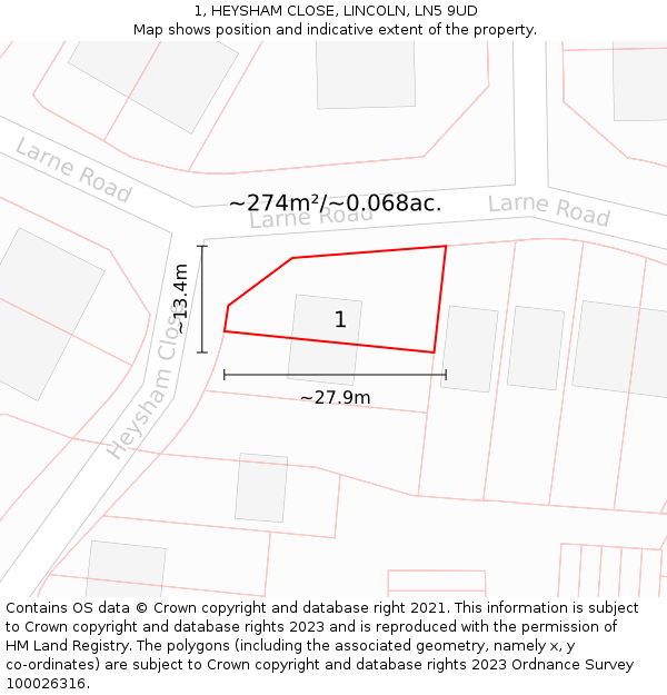 1, HEYSHAM CLOSE, LINCOLN, LN5 9UD: Plot and title map
