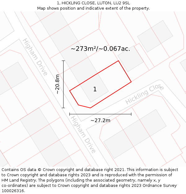 1, HICKLING CLOSE, LUTON, LU2 9SL: Plot and title map