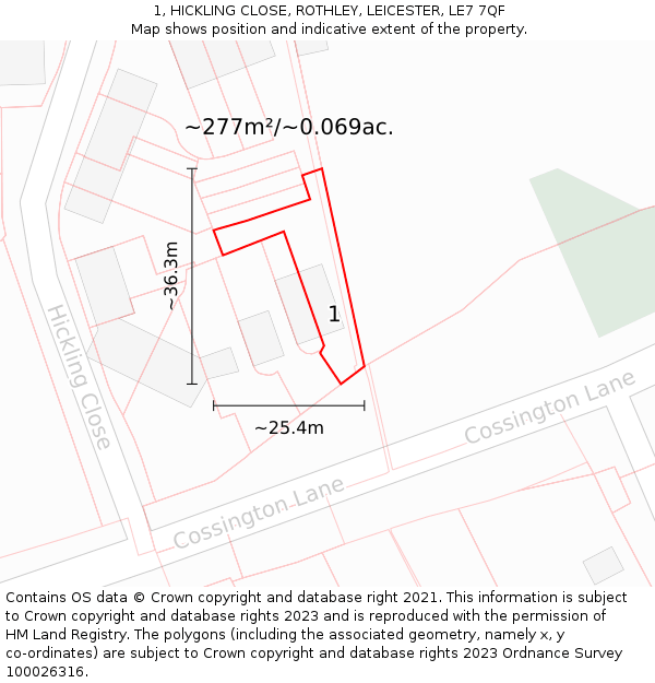 1, HICKLING CLOSE, ROTHLEY, LEICESTER, LE7 7QF: Plot and title map