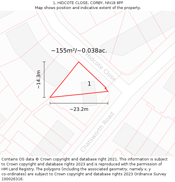 1, HIDCOTE CLOSE, CORBY, NN18 8PF: Plot and title map