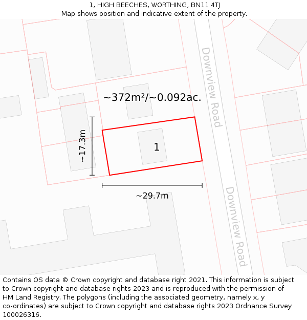 1, HIGH BEECHES, WORTHING, BN11 4TJ: Plot and title map