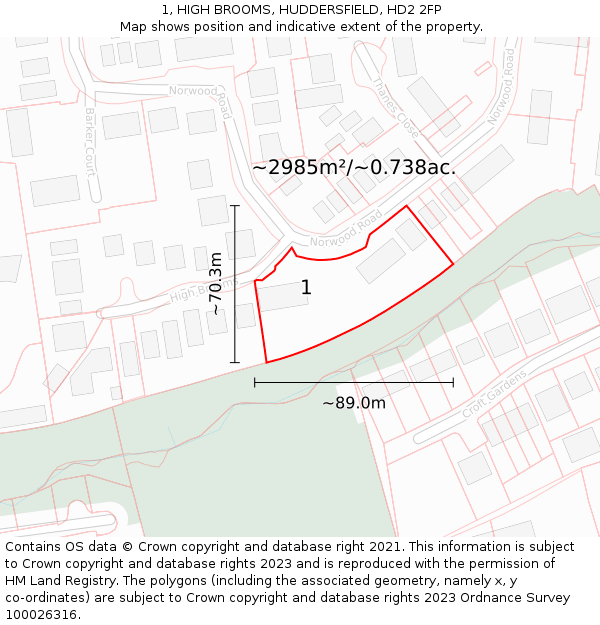 1, HIGH BROOMS, HUDDERSFIELD, HD2 2FP: Plot and title map