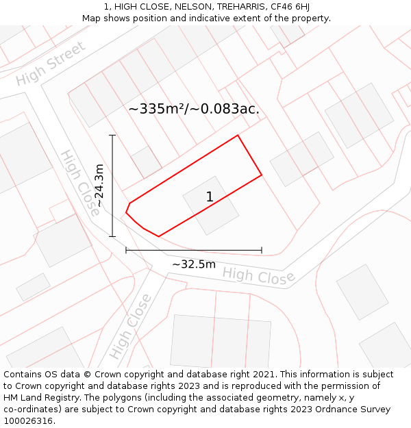 1, HIGH CLOSE, NELSON, TREHARRIS, CF46 6HJ: Plot and title map