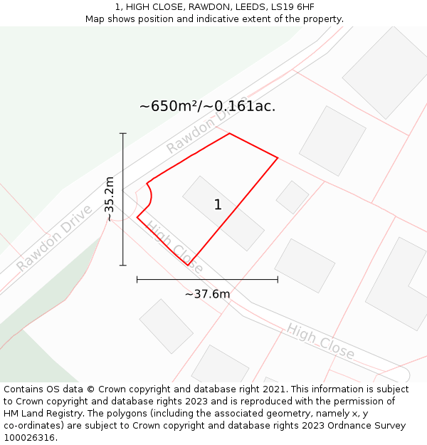 1, HIGH CLOSE, RAWDON, LEEDS, LS19 6HF: Plot and title map
