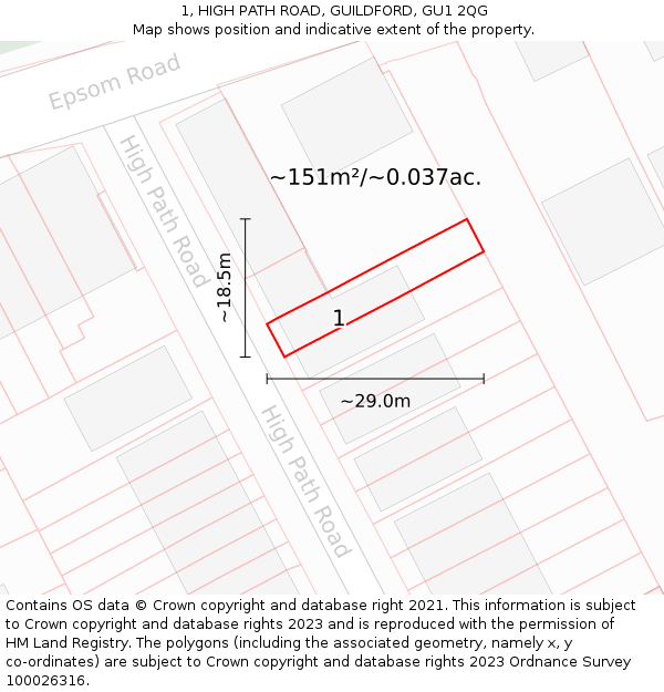 1, HIGH PATH ROAD, GUILDFORD, GU1 2QG: Plot and title map