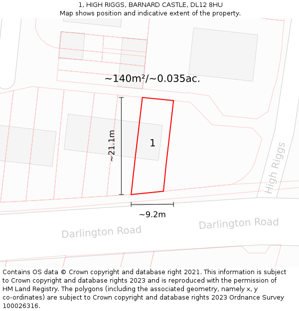 1, HIGH RIGGS, BARNARD CASTLE, DL12 8HU: Plot and title map