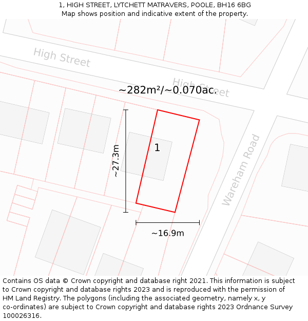 1, HIGH STREET, LYTCHETT MATRAVERS, POOLE, BH16 6BG: Plot and title map