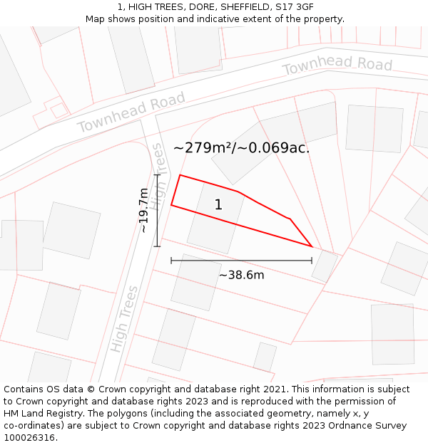 1, HIGH TREES, DORE, SHEFFIELD, S17 3GF: Plot and title map
