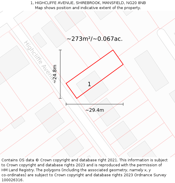 1, HIGHCLIFFE AVENUE, SHIREBROOK, MANSFIELD, NG20 8NB: Plot and title map