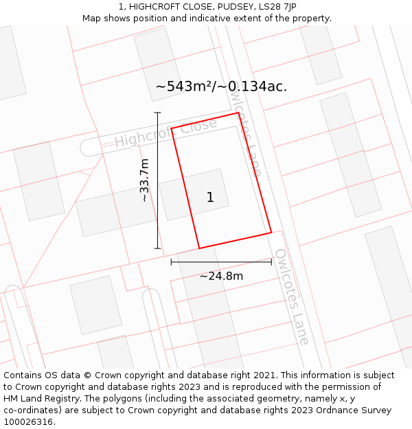 1, HIGHCROFT CLOSE, PUDSEY, LS28 7JP: Plot and title map