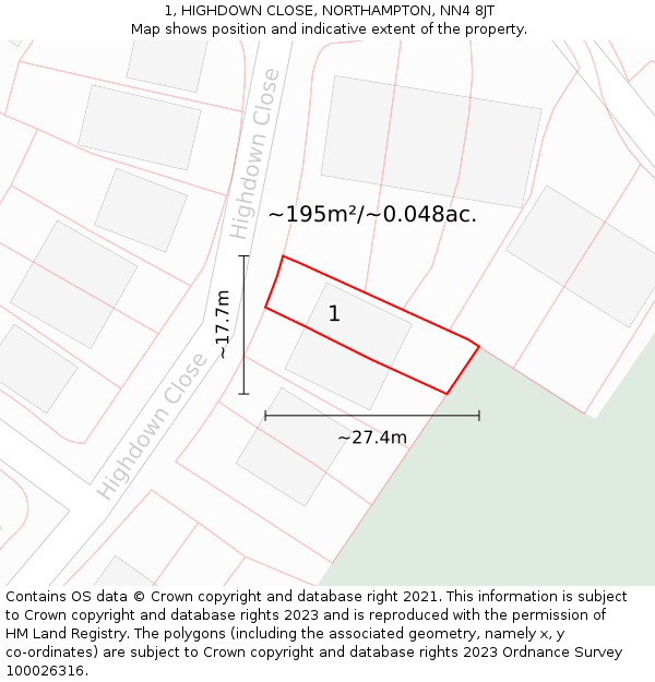 1, HIGHDOWN CLOSE, NORTHAMPTON, NN4 8JT: Plot and title map