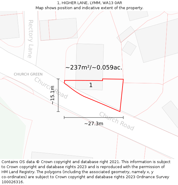 1, HIGHER LANE, LYMM, WA13 0AR: Plot and title map