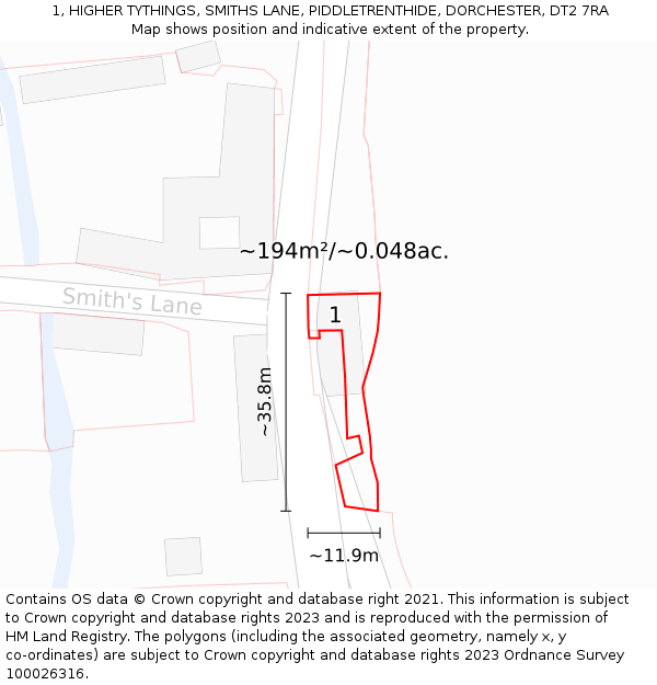 1, HIGHER TYTHINGS, SMITHS LANE, PIDDLETRENTHIDE, DORCHESTER, DT2 7RA: Plot and title map