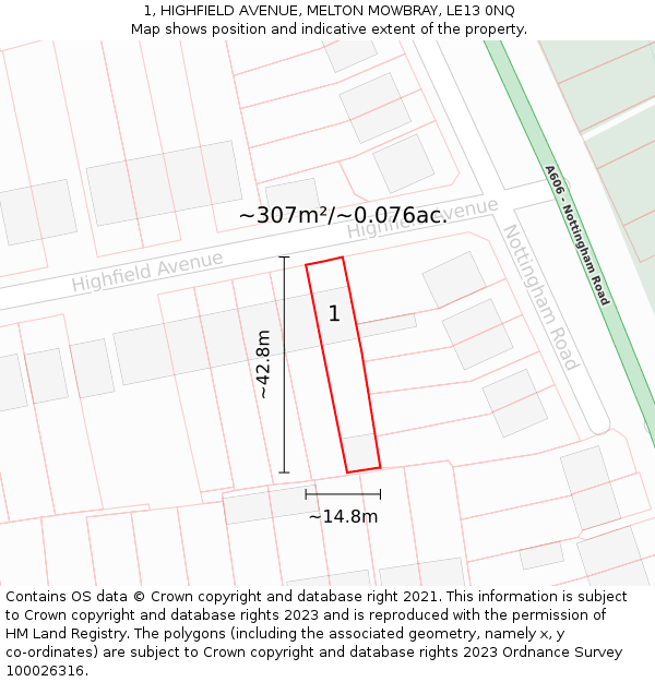 1, HIGHFIELD AVENUE, MELTON MOWBRAY, LE13 0NQ: Plot and title map