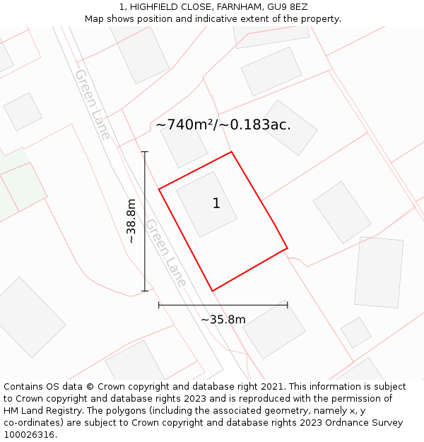 1, HIGHFIELD CLOSE, FARNHAM, GU9 8EZ: Plot and title map