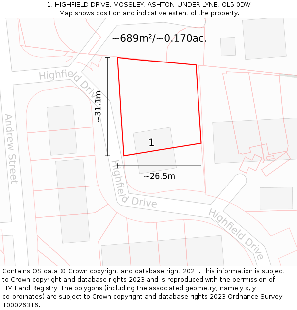 1, HIGHFIELD DRIVE, MOSSLEY, ASHTON-UNDER-LYNE, OL5 0DW: Plot and title map