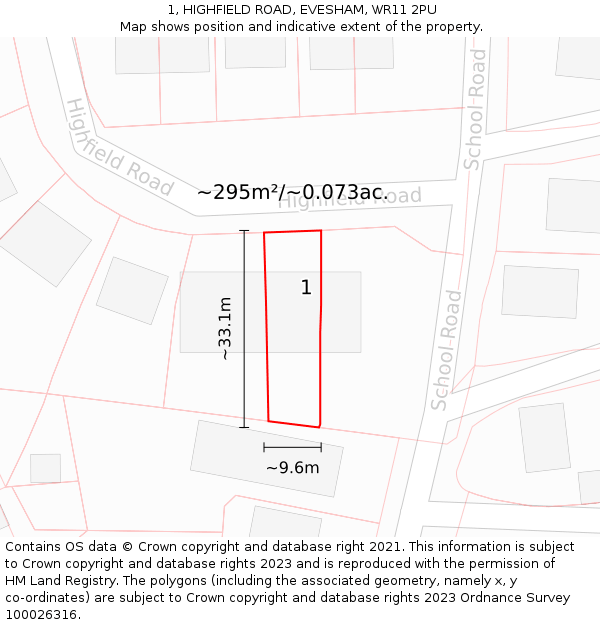 1, HIGHFIELD ROAD, EVESHAM, WR11 2PU: Plot and title map