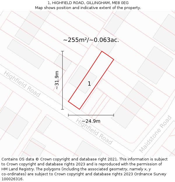 1, HIGHFIELD ROAD, GILLINGHAM, ME8 0EG: Plot and title map