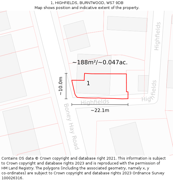 1, HIGHFIELDS, BURNTWOOD, WS7 9DB: Plot and title map