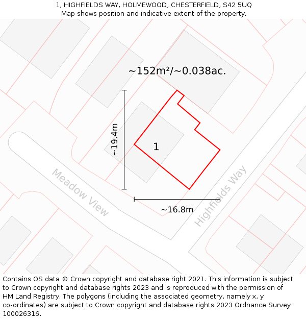 1, HIGHFIELDS WAY, HOLMEWOOD, CHESTERFIELD, S42 5UQ: Plot and title map