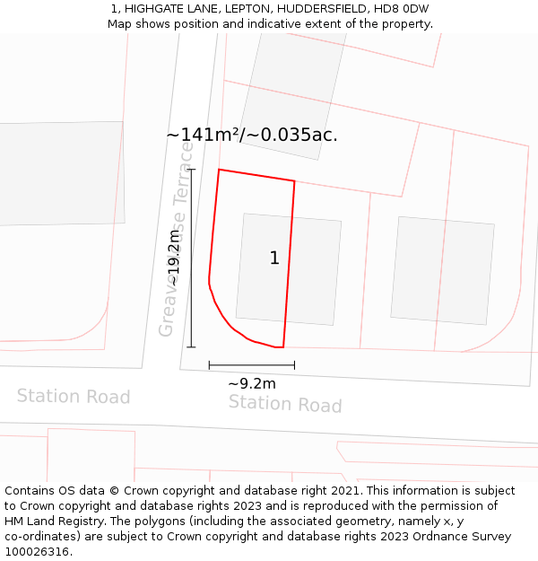 1, HIGHGATE LANE, LEPTON, HUDDERSFIELD, HD8 0DW: Plot and title map