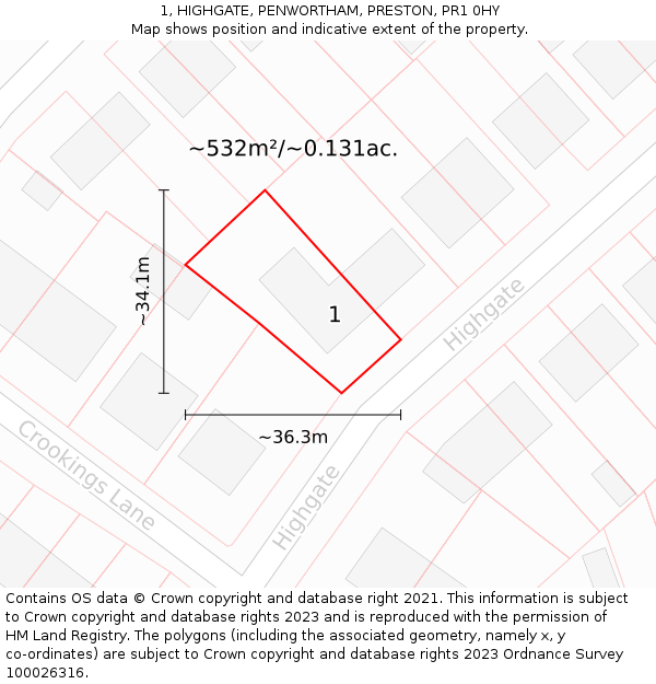 1, HIGHGATE, PENWORTHAM, PRESTON, PR1 0HY: Plot and title map