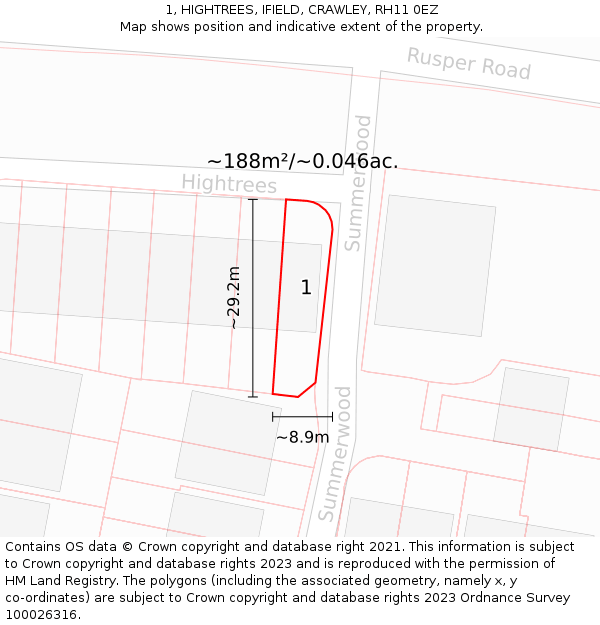 1, HIGHTREES, IFIELD, CRAWLEY, RH11 0EZ: Plot and title map