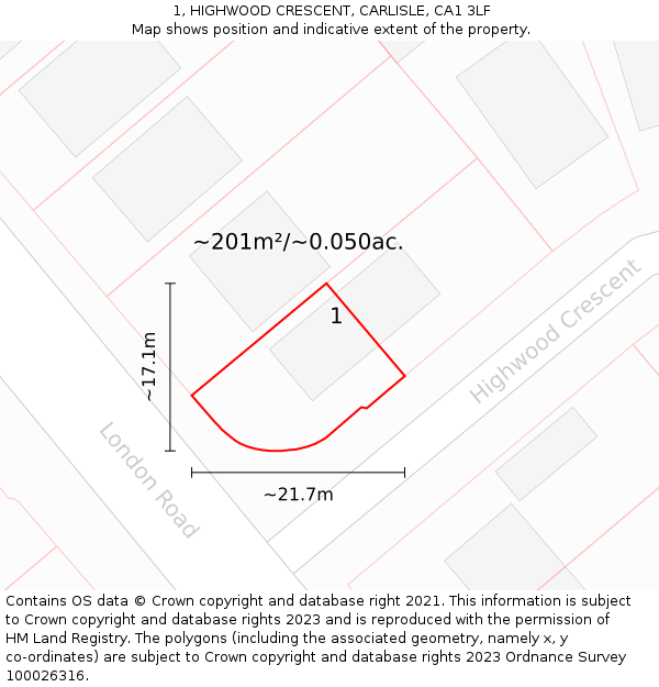 1, HIGHWOOD CRESCENT, CARLISLE, CA1 3LF: Plot and title map