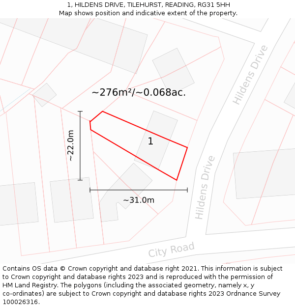1, HILDENS DRIVE, TILEHURST, READING, RG31 5HH: Plot and title map