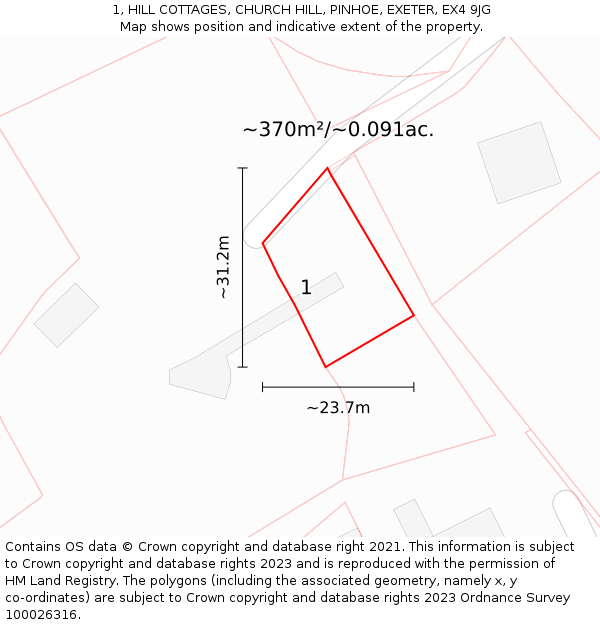 1, HILL COTTAGES, CHURCH HILL, PINHOE, EXETER, EX4 9JG: Plot and title map