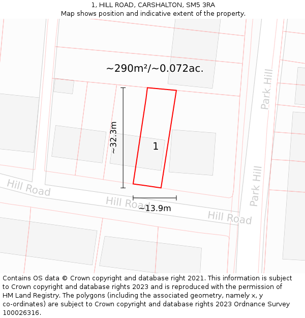 1, HILL ROAD, CARSHALTON, SM5 3RA: Plot and title map
