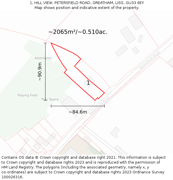 1, HILL VIEW, PETERSFIELD ROAD, GREATHAM, LISS, GU33 6EY: Plot and title map